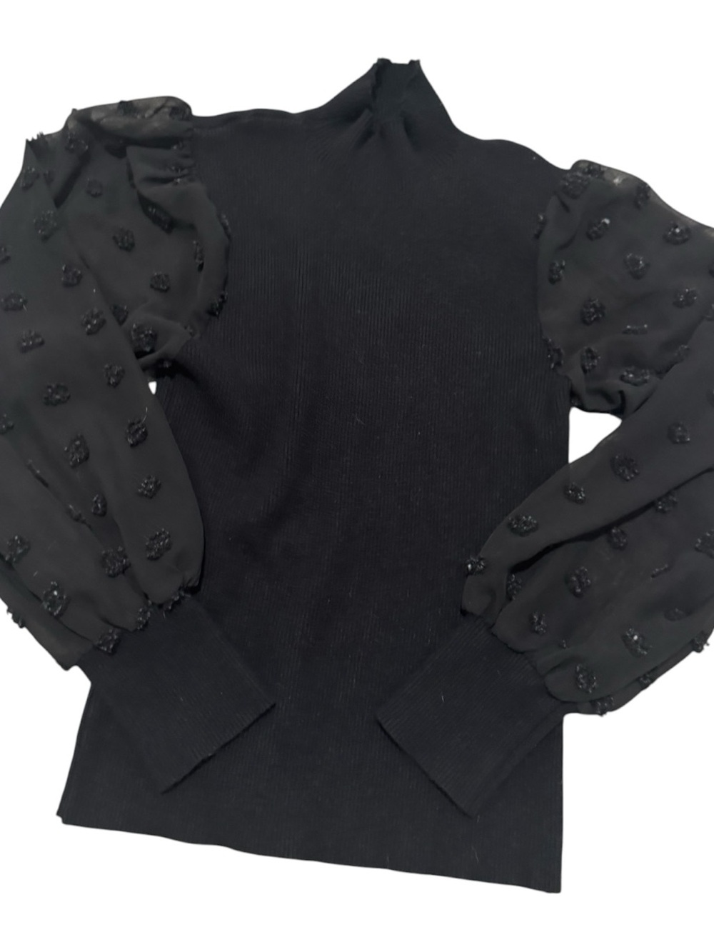 🖤NWOT Women’s Amazon Black Ribbed Mock Neck Sheer Sleeve Minimalist Fall Top S